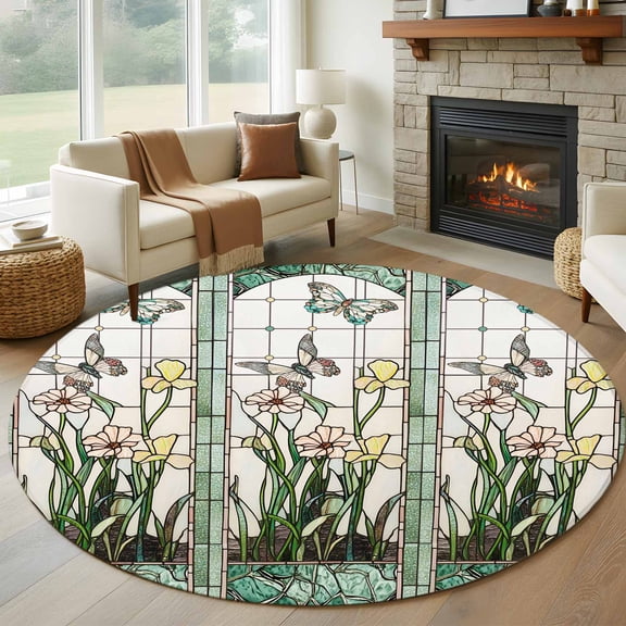 Green Spring Botanical Round Area Rug 5 FT, Non Slip Bedroom Rugs, Summer Butterfly Vintage Washable Soft Circular Carpet Non-Shedding Floor Mat for Kitchen Dining Room Foyer Balcony Dorm
