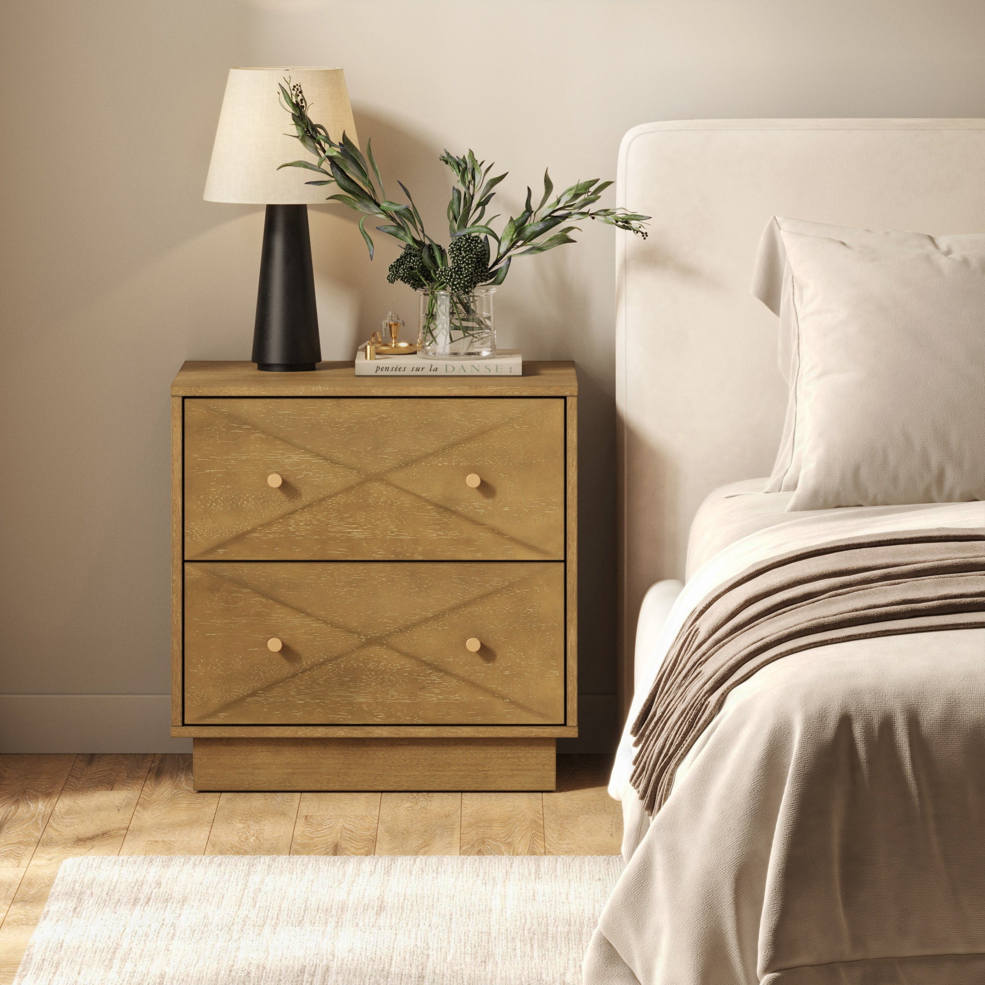 Nathan James Ashen Mid Century Modern Geometric Wood Nightstand, 2 Drawer Nightstand with Carved Accent and Solid Wood Frame, Light Brown