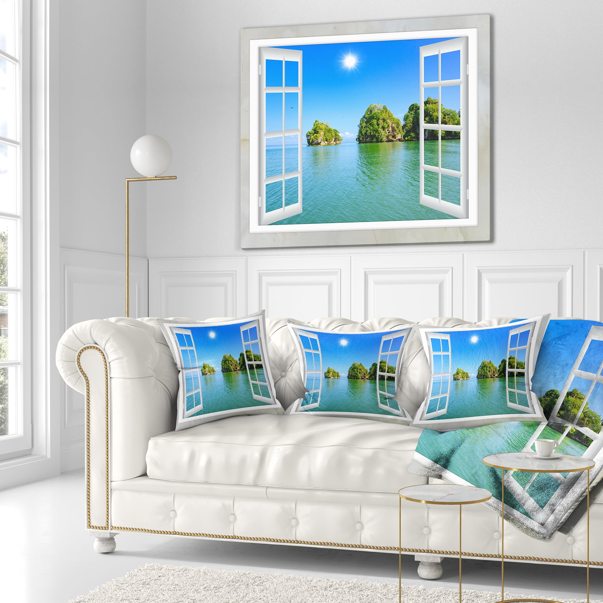 Designart Open Window to Ocean Islets - Landscape Wall Throw Pillow - 18x18