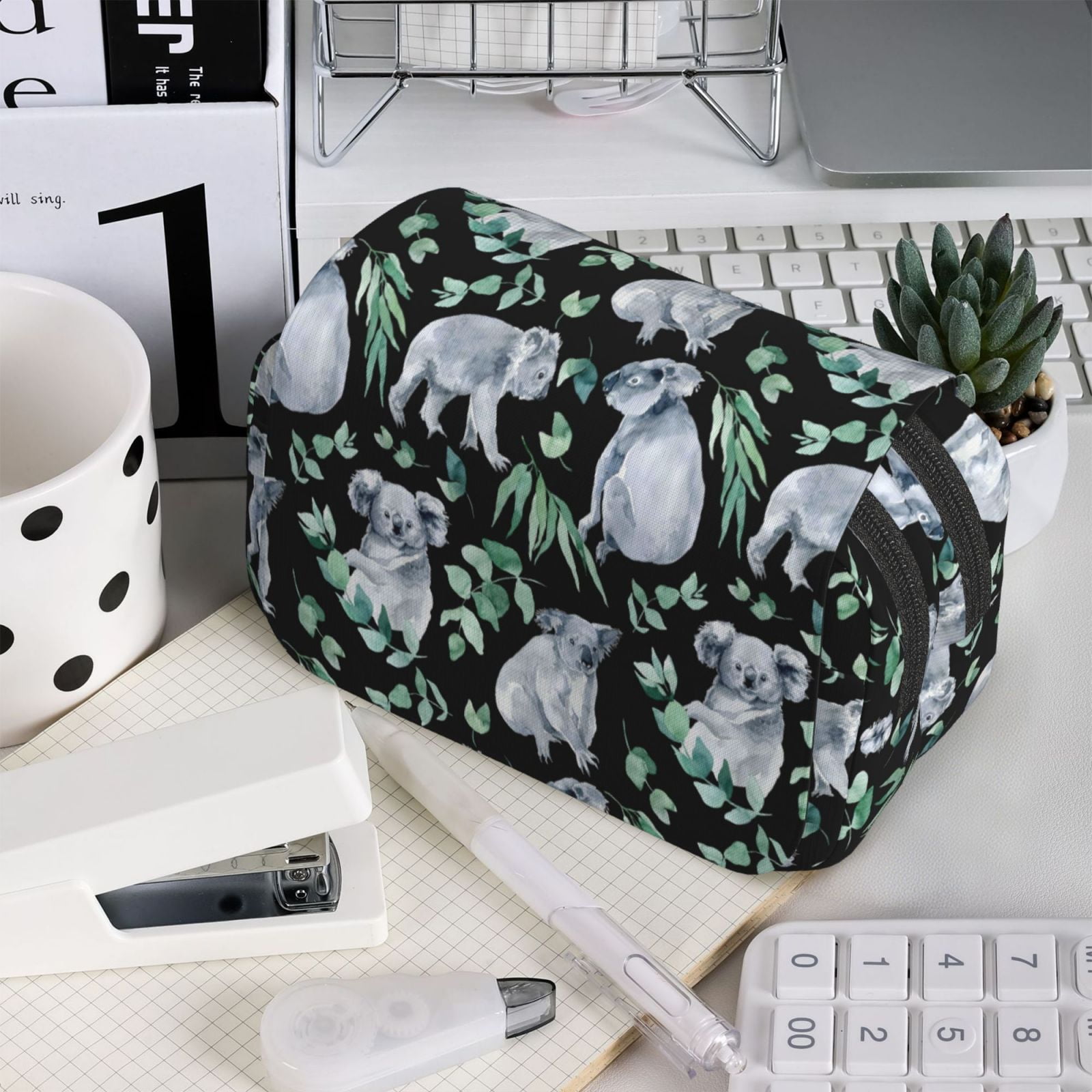 Rateoe Cartoon Koala Bear Pattern Double Clamshell Pen Case, Storage Organizer with Two Zipper Compartments– Holds Up to 50 Pencils & Pens