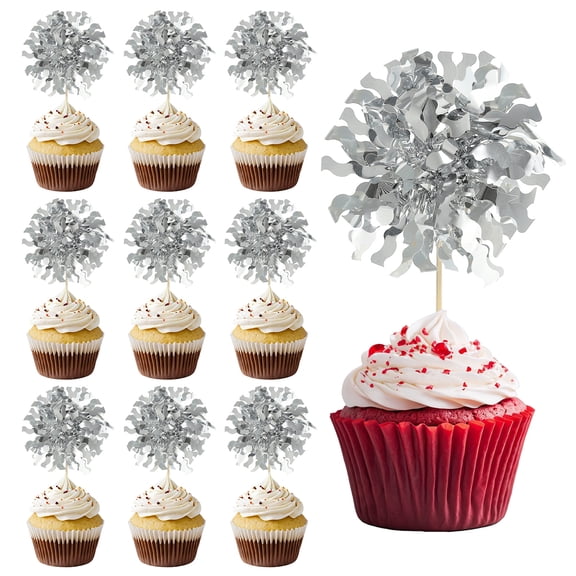 Firework Cupcake Toppers, 50 Pcs Sparkle Tassel Cupcake Picks Birthday Party Graduation Wedding Foil Decor Cocktail Food Fruit Toothpicks Christmas, Silver