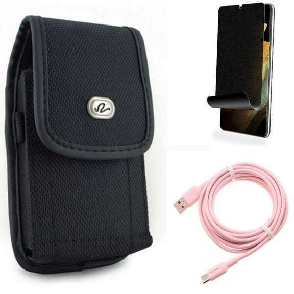 Case Belt Clip & Privacy Screen Protector & 10ft Long USB-C Cable for Samsung Galaxy S22 Plus (S22 ) - Combo Rugged Holster & TPU Film (Fingerprint) Anti-Peep & Pink Charger Cord Power Wire