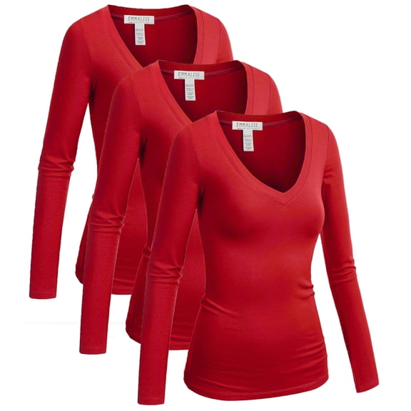 Essential Basic Women's Junior and Plus Size Vneck Tshirt Long Sleeves Shirt Tee, 3xl, 3pk red,red,red
