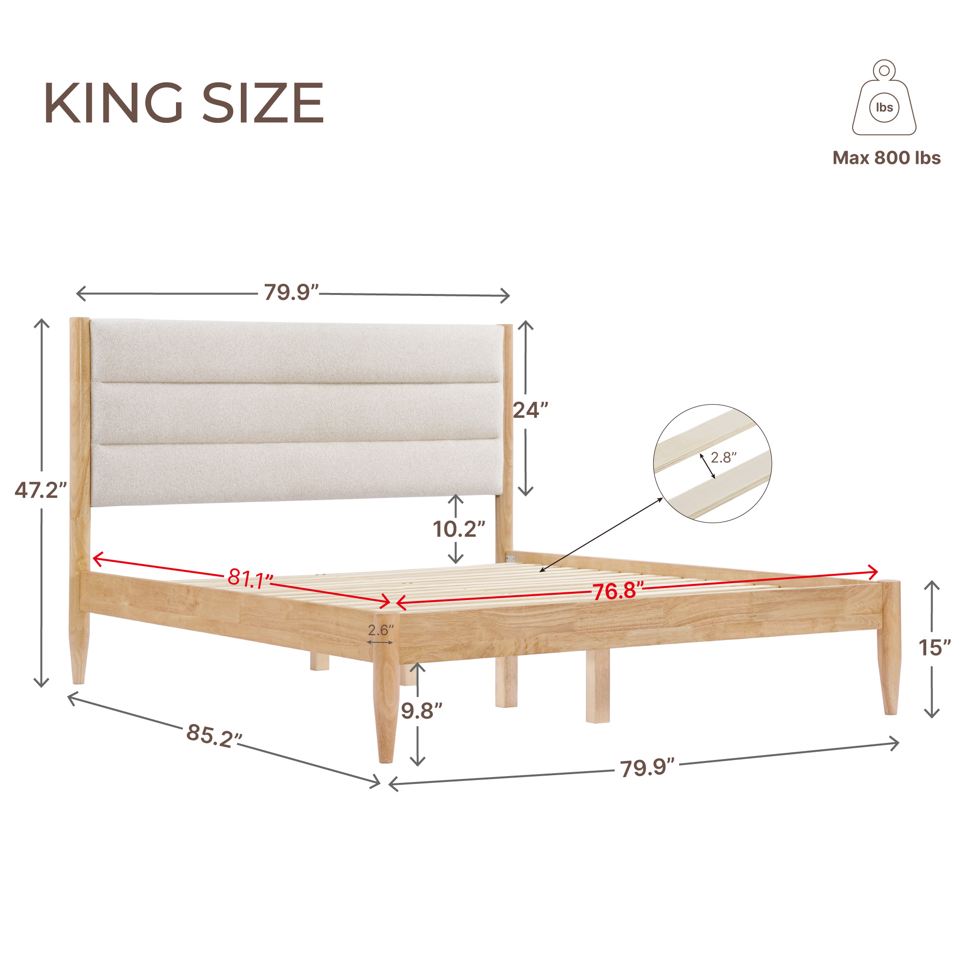 Spruce & Spring Farmhouse Upholstered Platform Bed Frame with Solid Wood Legs, Boucle Fabric Headboard, Wood Slat Support, King, Natural & Oat