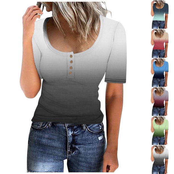 Fiudx Ofertas Relámpago Camiseta Holgada de Manga Corta con Botones y Cuello Redondo para Mujer