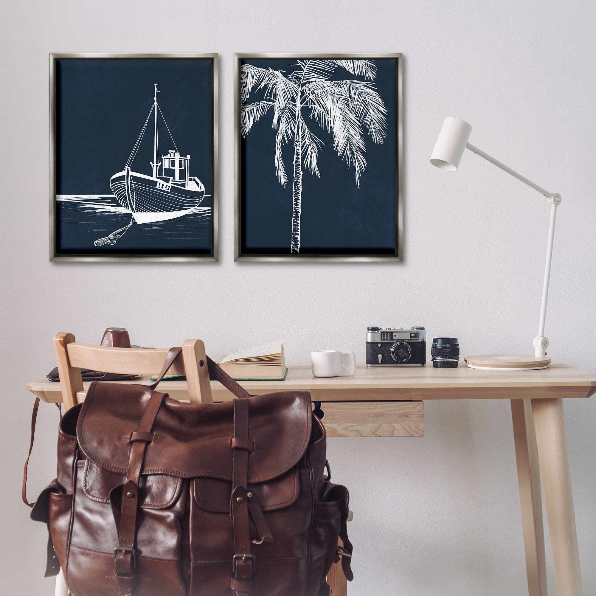 Stupell Industries Blue Boat & Palm Transportation Painting Gray Floater Framed Canvas Art Print Wall Art, 31 x 25, Set of 2
