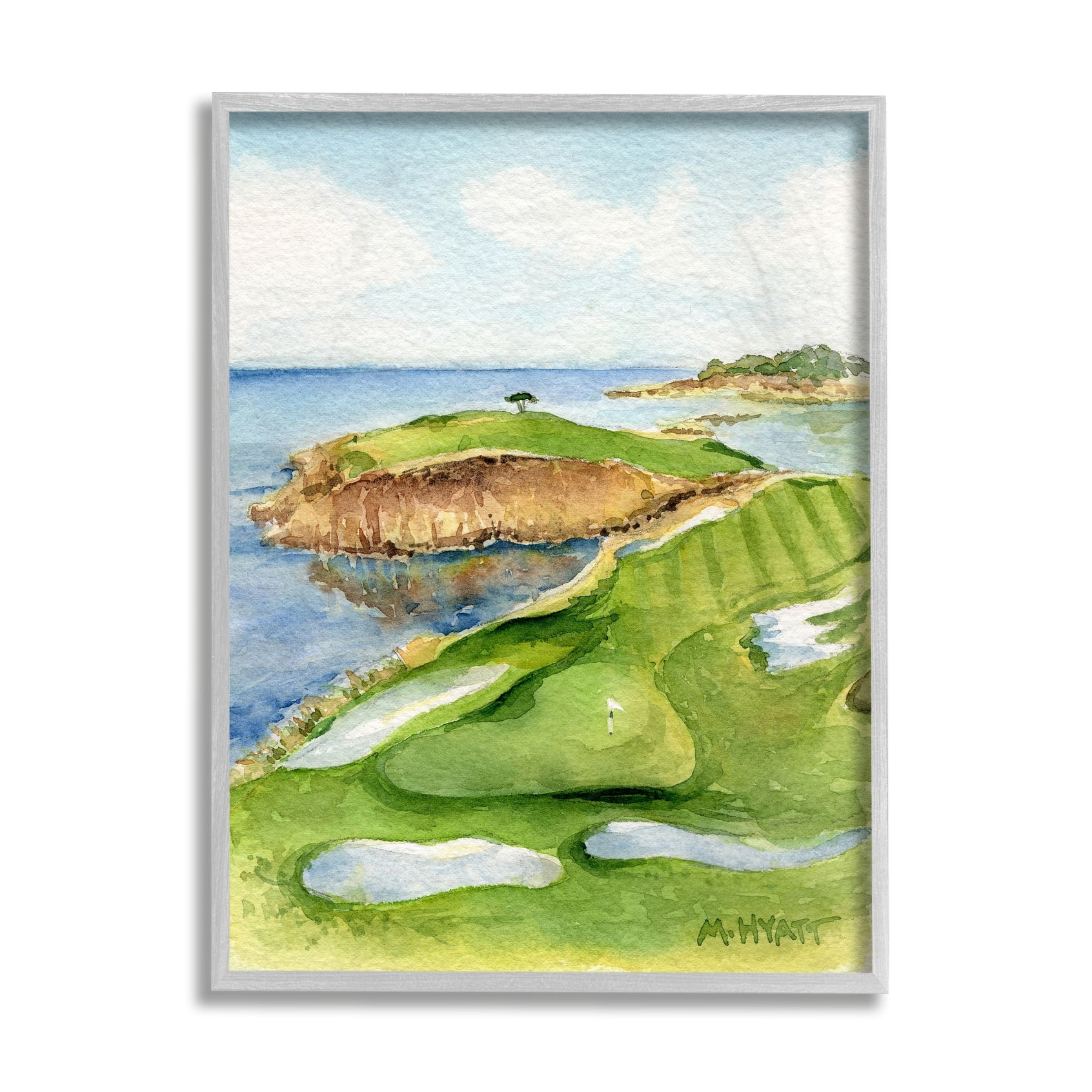 Stupell Industries Pebble Beach Cliffside Golf Course Soft Watercolor Grey Framed, 11 x 14, Design by Melissa Hyatt LLC