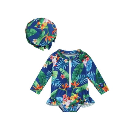 

Qtinghua 2Pcs Infant Toddler Baby Girls Swimsuit Flower Print Zip Front Long Sleeve Romper with Swim Cap Bathing Suit Blue 2-3 Years