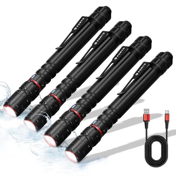 FORTO Rechargeable Pen Light Flashlight, 400 Lumens Small Pocket Flashlight with Clip, IP67 Waterproof, 2 Light Modes, 3-Color Battery Indicator, Type-C Charging, for Inspection,Emergency (Black)