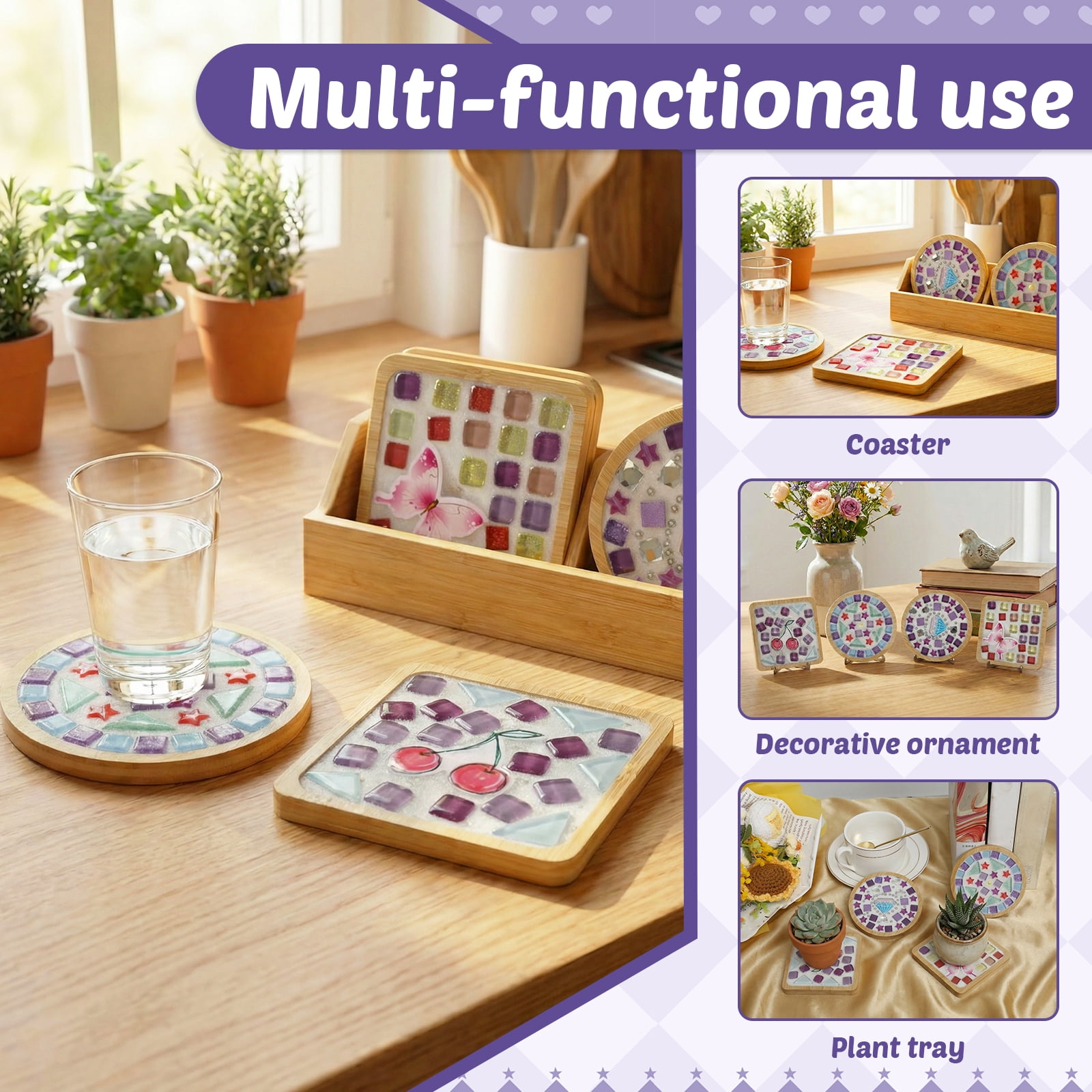 Austok 4Pcs DlY Mosaic Tile for Cup Pads Craft Mixed Color Glass Tile Kit with Bamboo Cup Pad for Adult DlY Cup Pad Kit Mosaic Supply for Handmade Home Decoration Present