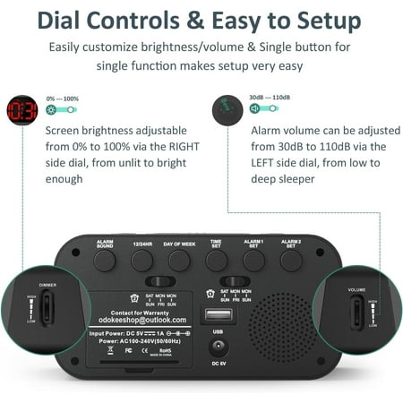 PYAN-Digital Dual Alarm Clock for Bedroom, Easy to Set, 0-100% Dimmer, USB Charger, 5 Sounds Adjustable Volume, Weekday/Weekend Mode, Snooze, 12/24Hr, Battery Backup, Compact Clock for Bedside(Red)