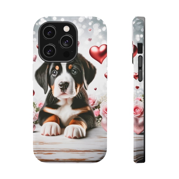 DistinctInk MagSafe Tough Case for Apple iPhone 15 Pro (6.1" Screen) - Valentine's Day Greater Swis Mountain Dog Puppy - Wireless Charging Compatible