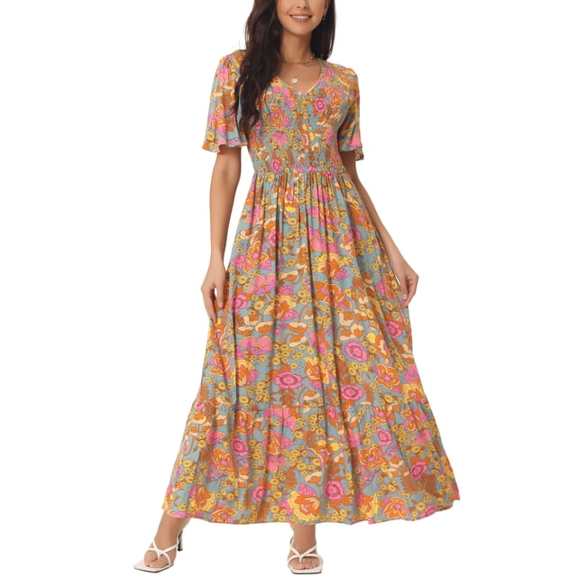 VESTIDO MAXI CHIC INSPIRE con Escote en V y Mangas con Vuelo, Vestido Casual Largo con Volantes, Verde Gris M
