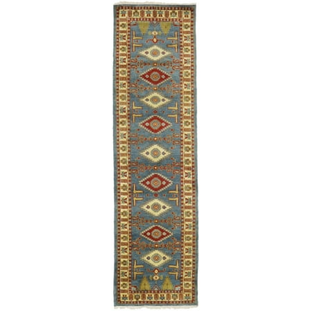 Blue Geometric 3X10 Kazak Oriental Runner Rug
