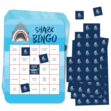Big Dot of Happiness Shark Zone - Bingo Cards and Markers - Jawsome Shark Party Bingo Game - Set of 18