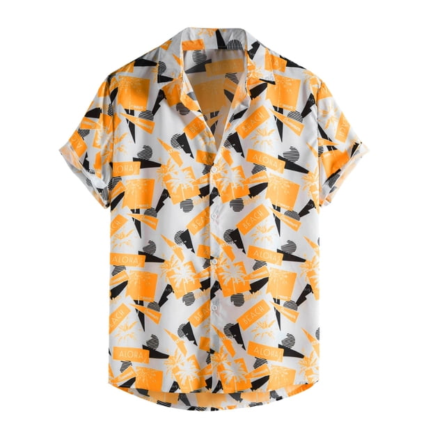 Camisas Hawaianas Para Hombre Hombres Casual Top Camisa Botón Abajo Impreso Casual Tops Camisa Verano Manga Corta Trabajo Solapa Camisa (Yellow, S)