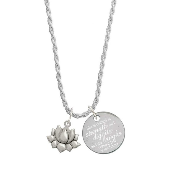 Delight Jewelry Silvertone Small Lotus Flower She is Clothed in Stength and Dignity Charm Necklace, 20" 3"