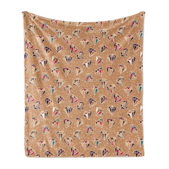 Retro Soft Flannel Fleece Throw Blanket, Colorful Diamond Gemstone Shapes on a Pale Brown Background with White Polka Dots, Cozy Plush for Indoor and Outdoor Use, 50" x 60", Multicolor, by Ambesonne