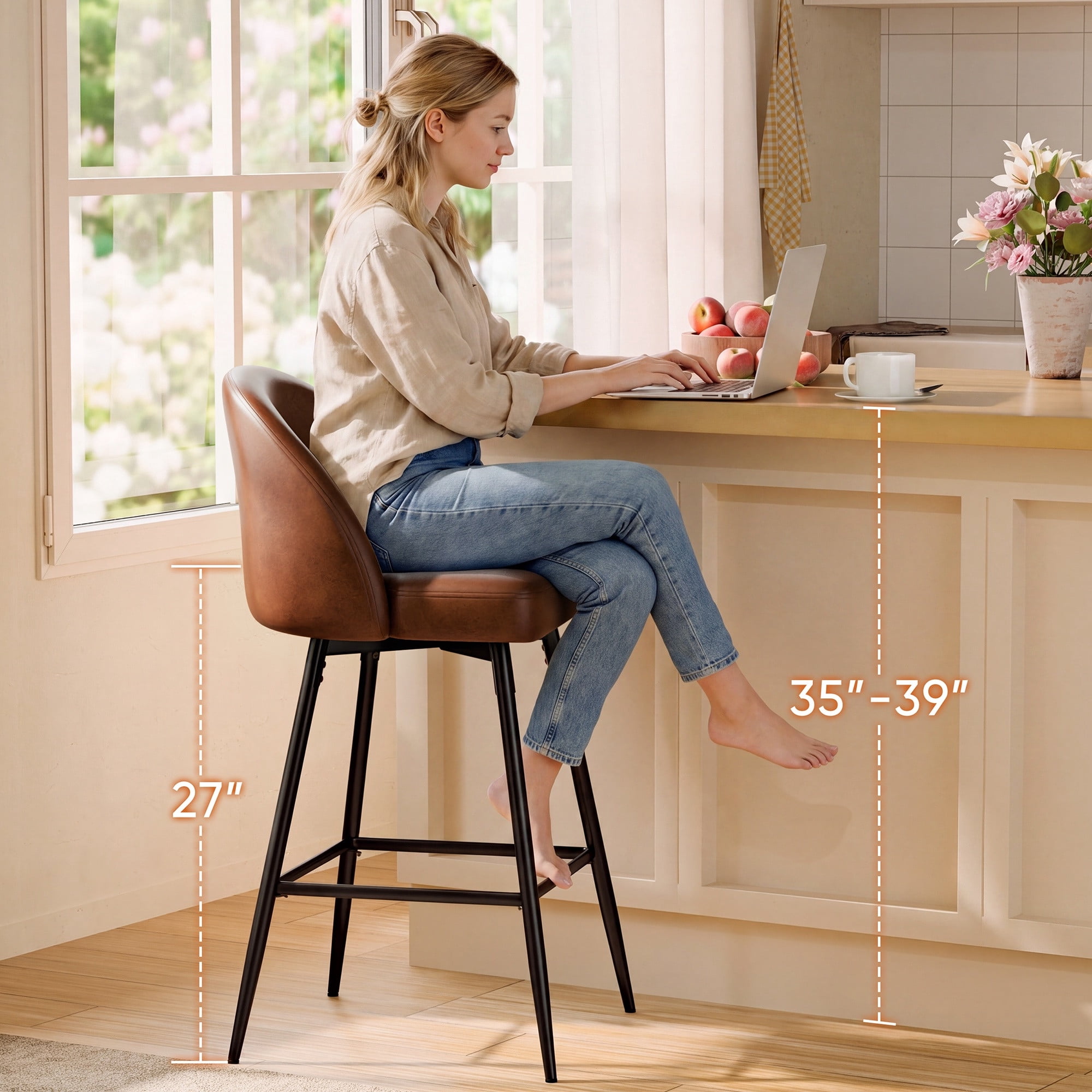 CDCASA Swivel Counter Height Bar Stools Set of 3, 27" Seat Height Modern Barstools with Back and Metal Legs, Upholstered Kitchen Island Chairs, Faux Leather in Brown