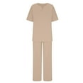 thumbnail image 5 of qolati Two Piece Sets for Women Solid 2 Piece Outfits Cotton Linen Oversized V Neck Short Sleeve Shirts High Waist Wide Legs Pants Pockets Lounge Sets, 5 of 5