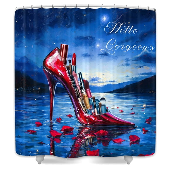 Red High Heels Shower Curtain,Hello Gorgeous Lipstick Makeup Cosmetic Fashion Bathroom Curtain,Starry Sky Elegance Romantic Girl Lady Valentine's Decor with Hooks,69X70 in
