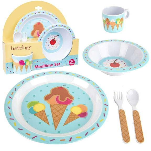 Bentology 5 Pc Mealtime Baby Feeding Set for Kids and Toddlers - Includes Plate, Bowl, Cup, Fork and Spoon Utensil Flatware - Durable, Dishwasher Safe, BPA Free - Ice Cream