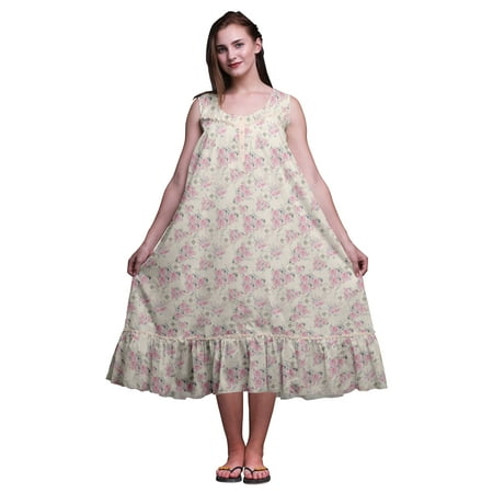 

Bimba Ivory2 Floral Leaves & Rose Sleeveless Cotton Nightgowns For Women Printed Mid-Calf Length Sleepwear X-Small