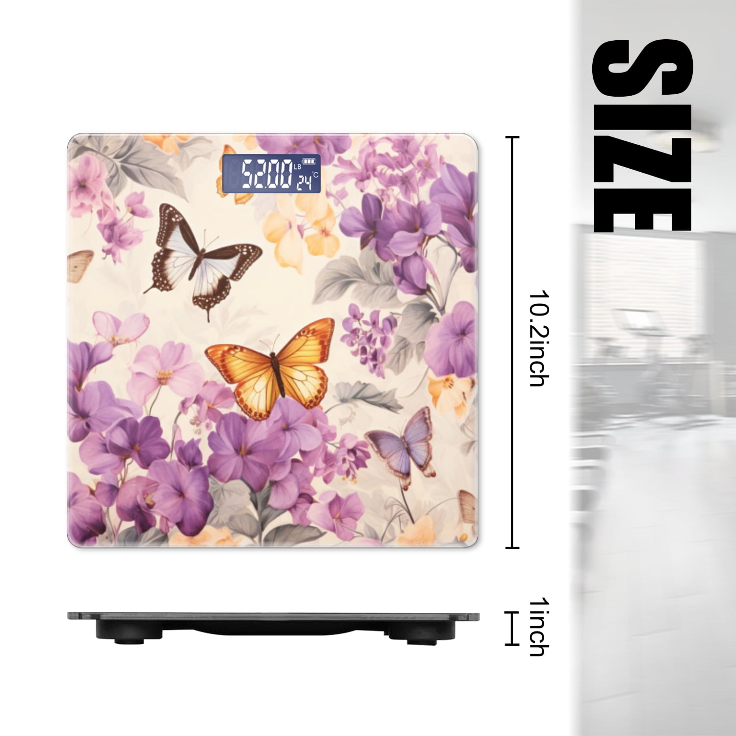 Bathroom Scale, Highly Accurate Digital Body Scale,Precisely Measures Weight up to 400 lbs-Fashion Purple Flowers And Yellow Butterflies Painting