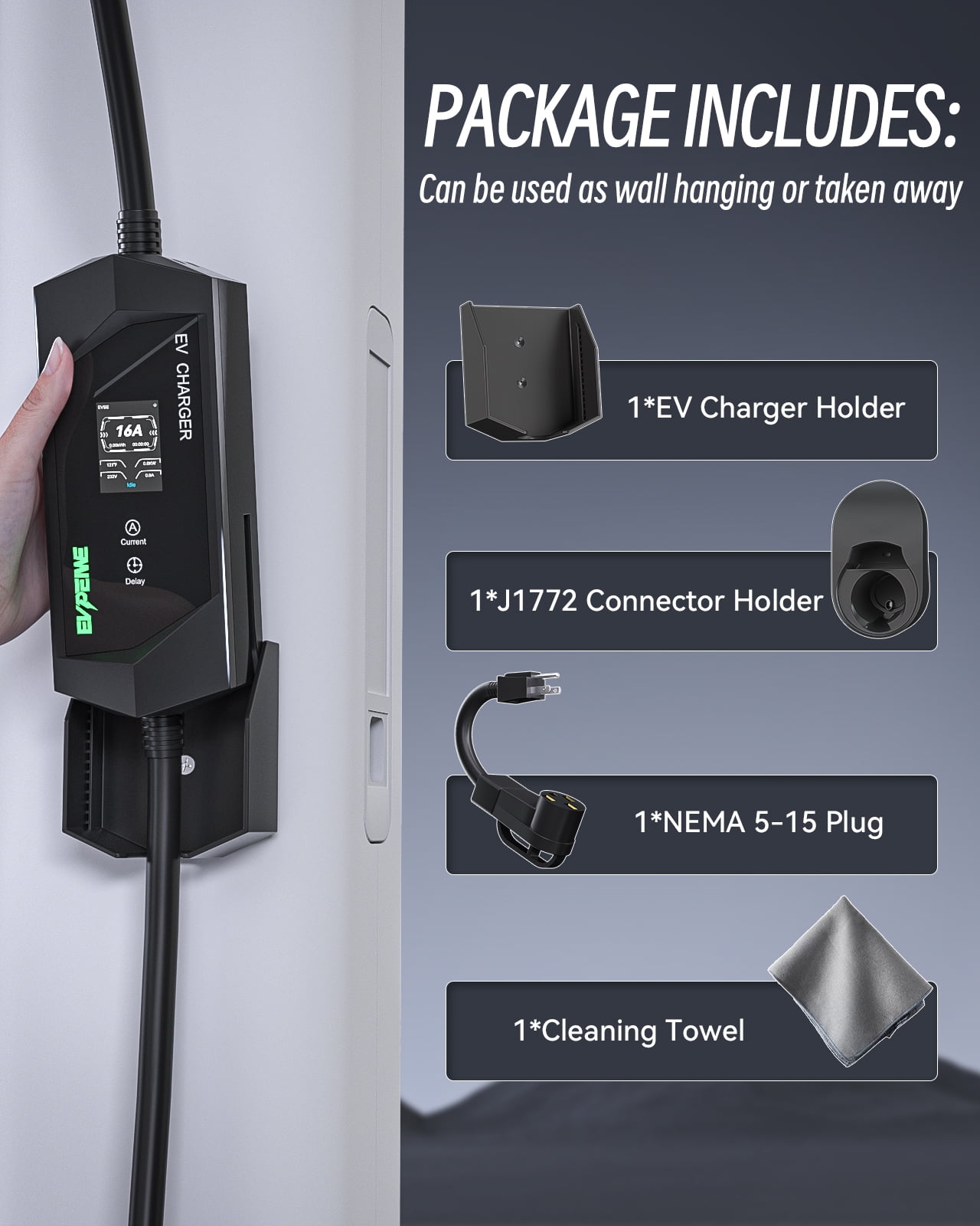 EVPEIWE Level 1/2 EV Charger 16A, 25ft, 110-240V Portable EV Charger with NEMA 14-50/NEMA 5-15 Plug