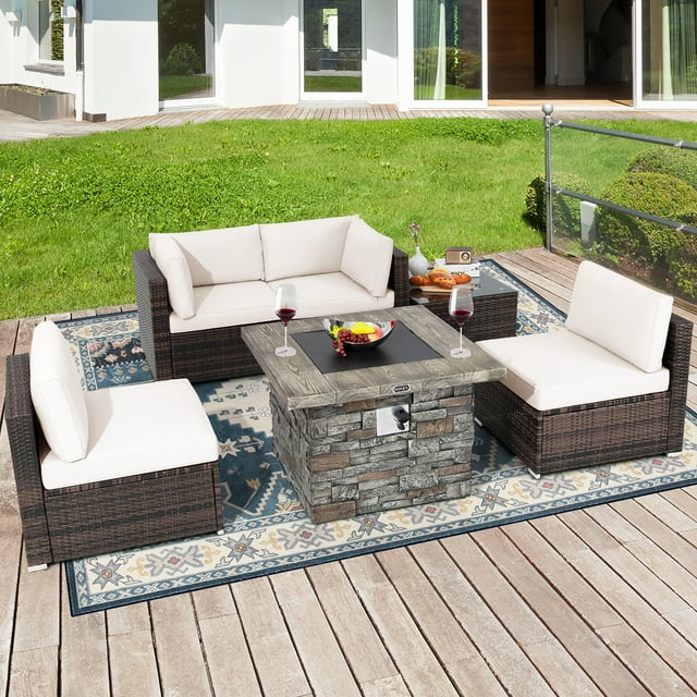 Costway 6 PCS Patio Wicker Furniture Set 34.5" Fire Pit Table W/Cover Off White