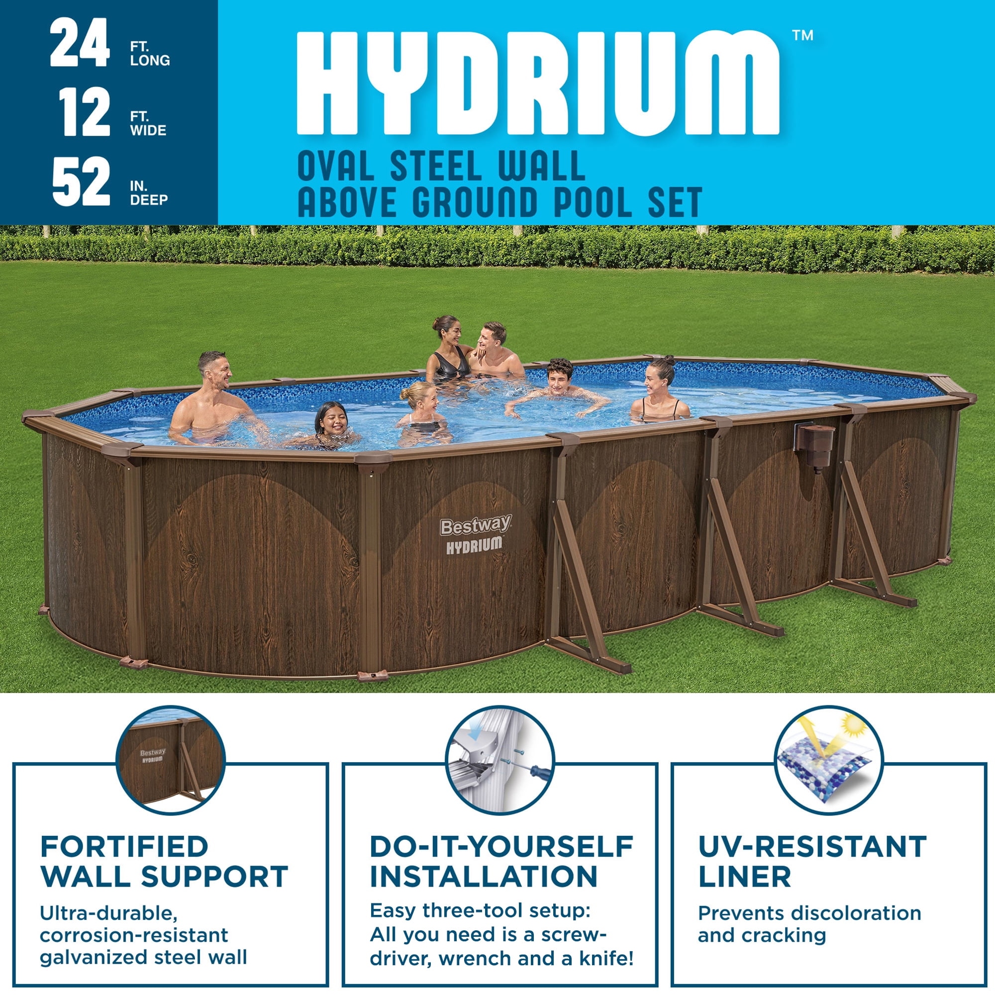 Bestway Hydrium 24'x12'x52" Steel Side Wall Above Ground Pool w/ Sand Pump & Accessories