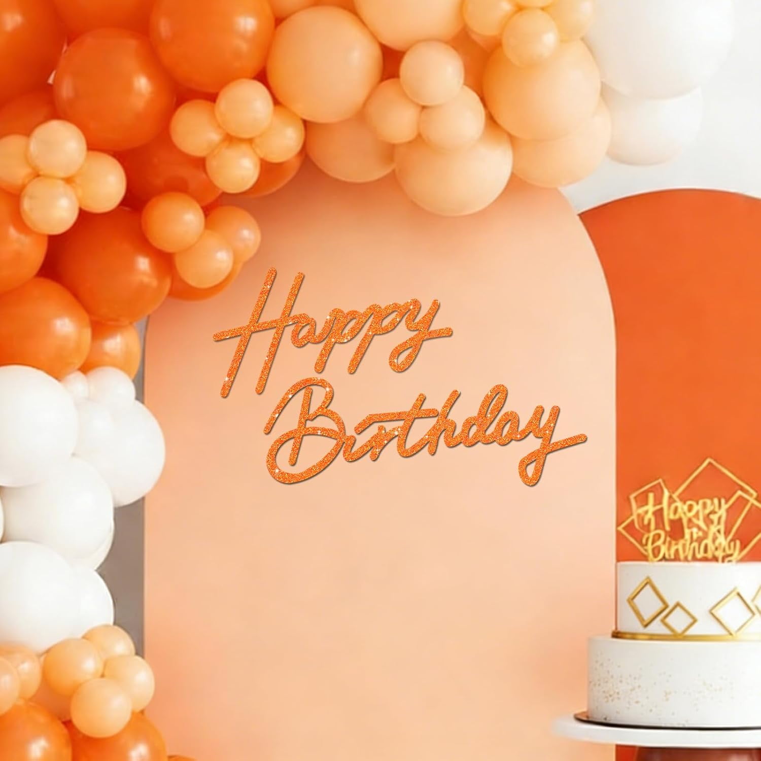 Happy Birthday Sign for Backdrop - Glitter Orange Felt Banner - Includes Dot Glue - Perfect for Birthday Party Backdrop Wall Decr Balloon Arch Photo Background