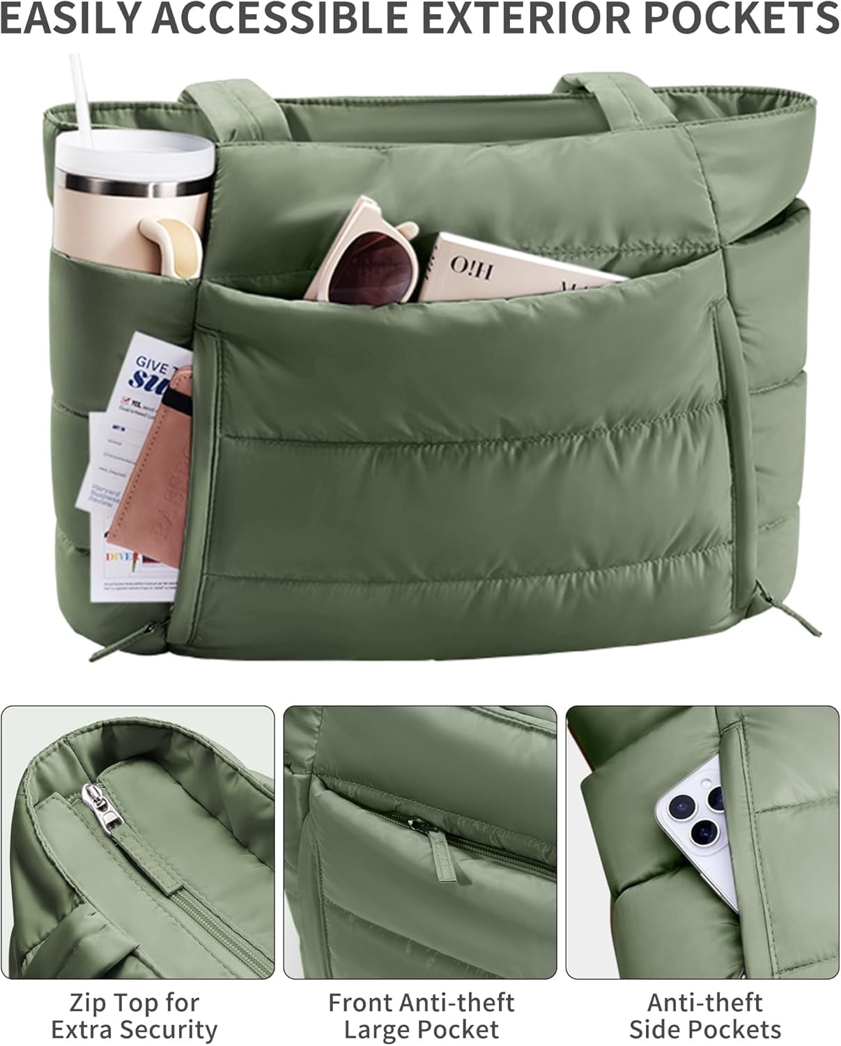 ZUTOYBOLIN Puffer Tote Bag for Women, Lightweight Puffy Work Handbag Teacher Nurse Quilted Shoulder , Daily College Bags, 15.6" Computer Bag, Clinical Nursing Bag, Ideal Gift for Women.Green
