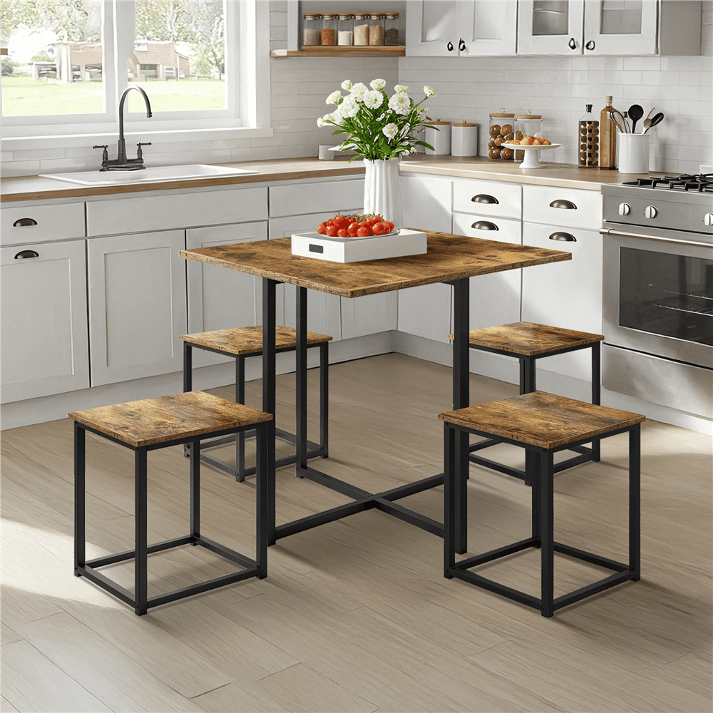 Renwick 5-Piece Dining Set with Industrial Square Table and 4 Backless Chairs, Rustic Brown