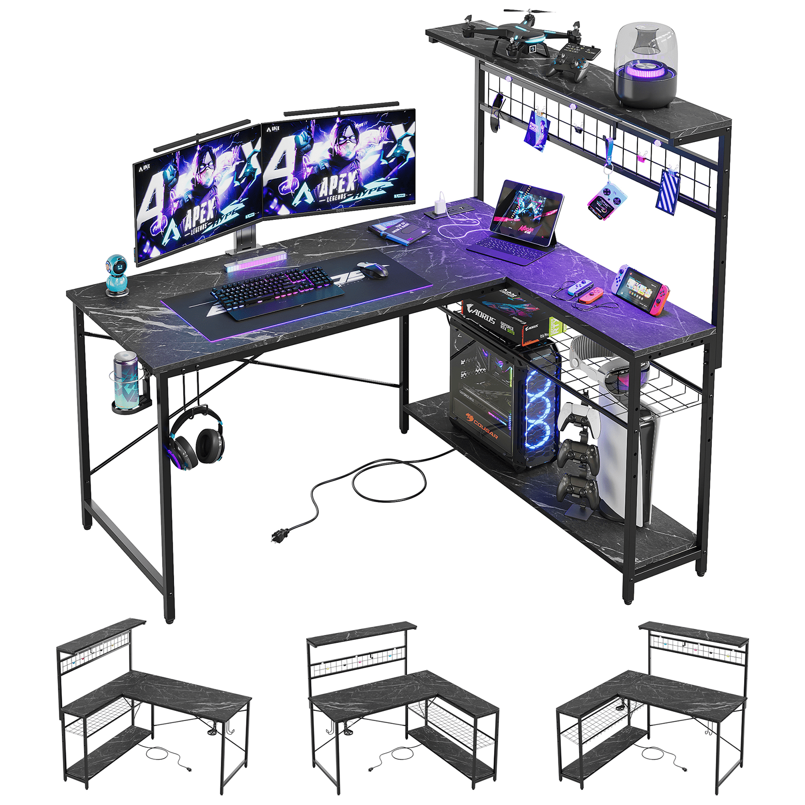 Bestier 51 L Shaped Gaming Desk with Power Outlets, LED Workstation with 4 Tiers Shelves for Home Office, Gamer Reversible Table with Hooks and Cup Holder, Black Marble