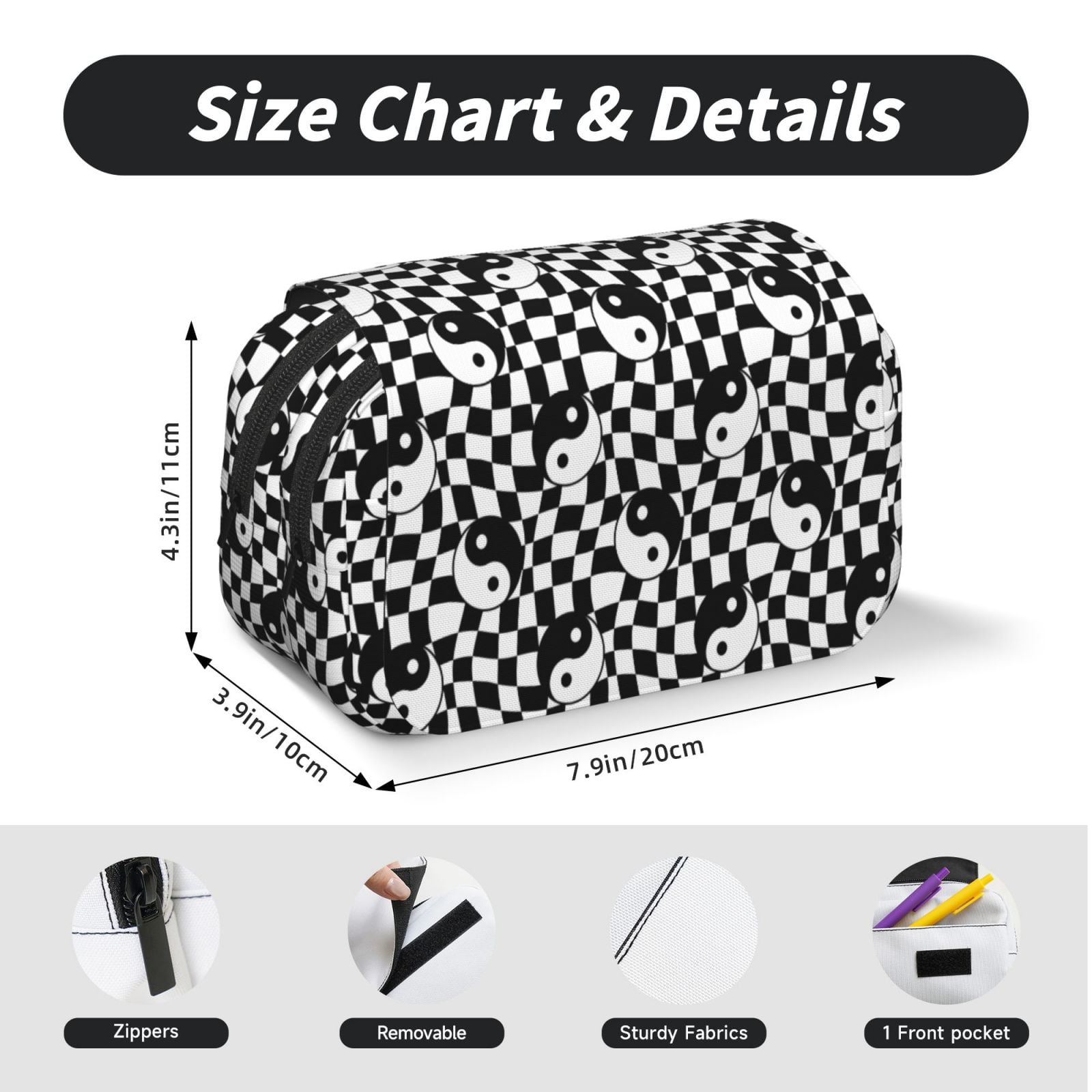 Rateoe Ying Yang Checkered Pattern Double Clamshell Pen Case, Storage Organizer with Two Zipper Compartments– Holds Up to 50 Pencils & Pens