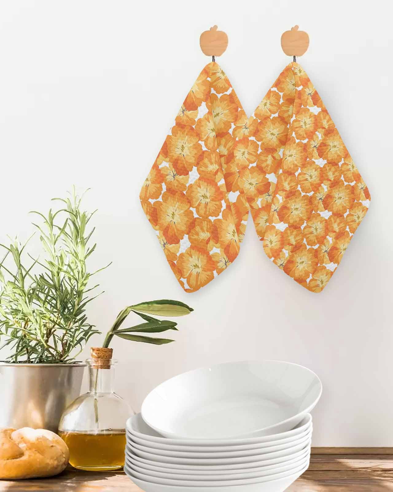 Spring Floral Kitchen Dish Towels for Drying Dishes Set of 2, Orange Country Retro Botanical Pastoral Waffle Weave Microfiber Terry Hand Tea Bathroom Towels Quick Dry & Absorbent Towel 12x12
