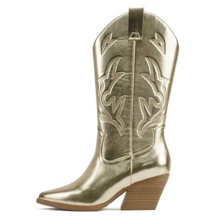 

Soda Women Cowgirl Cowboy Western Stitched Heel Boots Pointy Toe Mid Shaft ORVILLE-S Gold Metallic 7