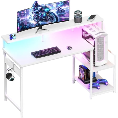 AODK 48 Inch Gaming Desk with LED Lights, Computer Desk with Storage Shelves, Reversible Desk with Monitor Stand, White