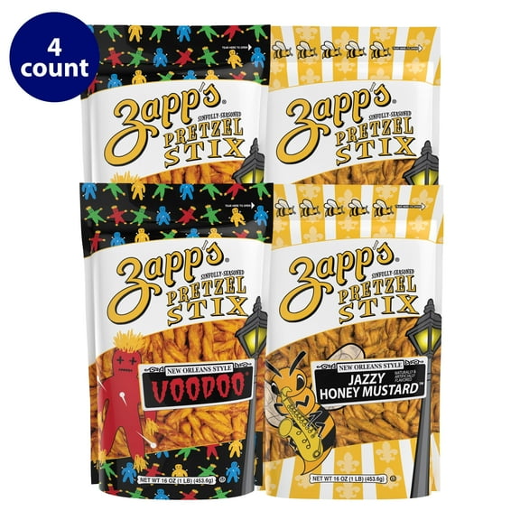 Zapp’s Seasoned Pretzel Stix Variety Pack, 16 oz Pouches, 4 Count, Bold Flavored Snack