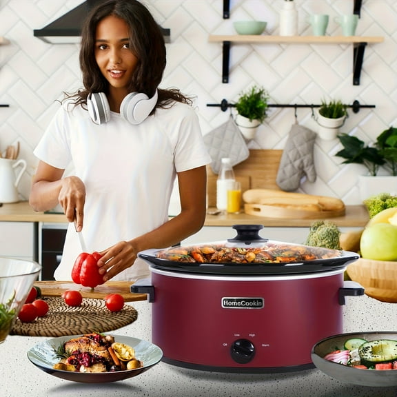 8 Quart Slow Cooker Oval Manual Pot Food Warmer with 3 Cooking Settings, Red Stainless Steel