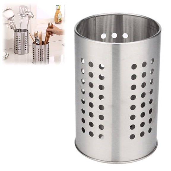 Bisitoy Perforated Stainless Steel Utensil Holder Tall Cylinder Countertop Drainer for Forks Knives Spoons Chopsticks Home Use