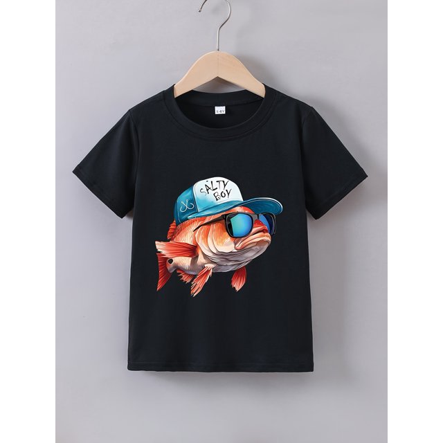 T-Shirt d'Été Décontracté pour Hommes avec Imprimé Poisson et Lunettes - Bleu Doux, Manches Courtes, Col Rond, Tissu Léger pour Enfants, Tenue d'Été Décontractée Tee Graphique Ludique Ajustement Confortable, Motif Poisson