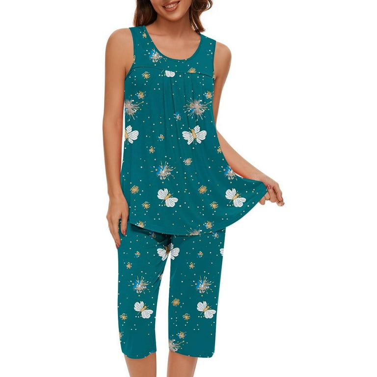 Summer Savings Clearance RQYYD Pajamas Sets for Women s Capri Pajama Sets Floral Print Tank Tops Sleepwear Top and Capri Pants 2 Piece Loungewear with Pockets Loung Sets for Women Walmart