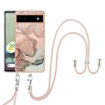 Feishell for Google Pixel 6a Case with Detachable Crossbody Strap, Fashion Marble Pattern Glossy Cover for Women Girls, Slim Fit Anti-Scratch Phone Case for Google Pixel 6a,Rosegold