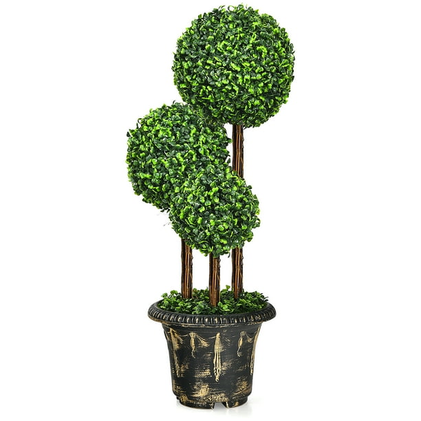Costway Árbol artificial topiario 90 cm, planta verde falsa con hojas realísticas, maceta decorativa, madera de ratán verdadera, resistente a los rayos UV y al agua