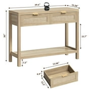 Surmoby Console Table with Rattan Drawers,Boho Wood Entryway Table Hallway Table Sofa Table with Open Storage Shelf for Living Room,Foyer and Corridor,Light Oak
