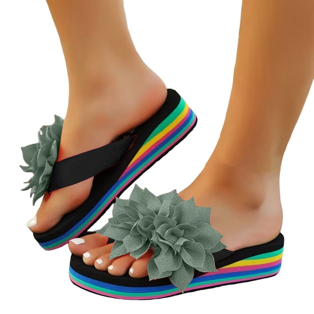 Sandales Compensées à Plateforme Légères pour Femmes, Bout Ouvert, Décor de Fleurs, Semelle Colorée, Sandale à Enfiler Décontractée d'Été pour la Plage, Vert, Taille 7,5