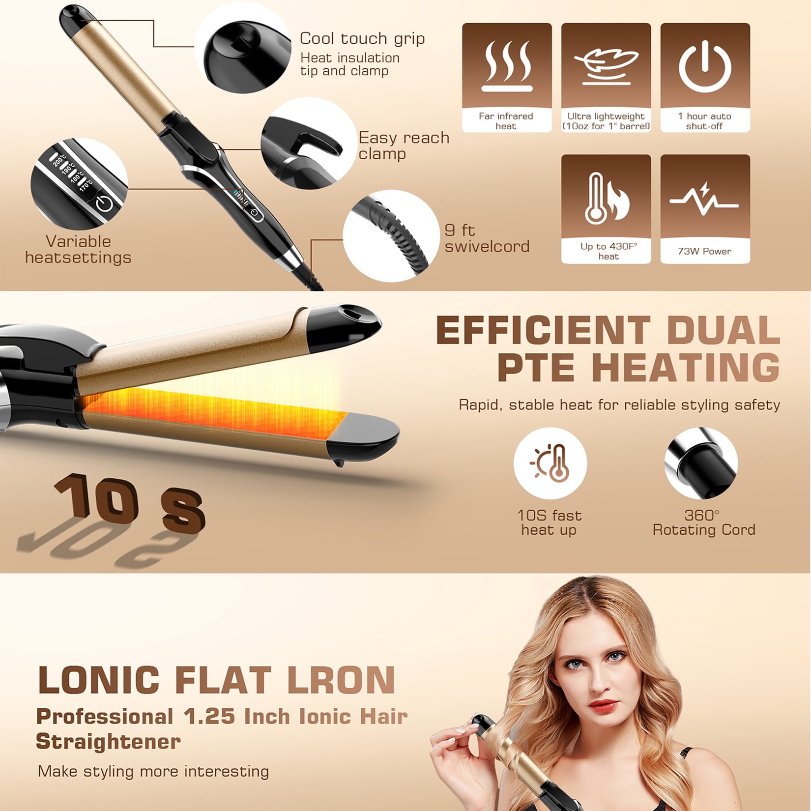 Ceramic Hair Straightener and Curler 2 in 1 - Curling Iron 1.25 In , Adjustable Temp 450°F, Dual Voltage, Anti-Tangle Barrel for Salon Shine, Frizz-Free Curls & Straight Styles for All Hair