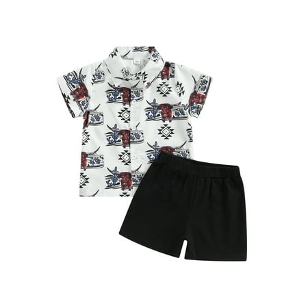 

Toddler Western Baby Boy Summer Outfit Short Sleeve Animal Pattern Print Button Down Shirt + Shorts Gentleman Sets